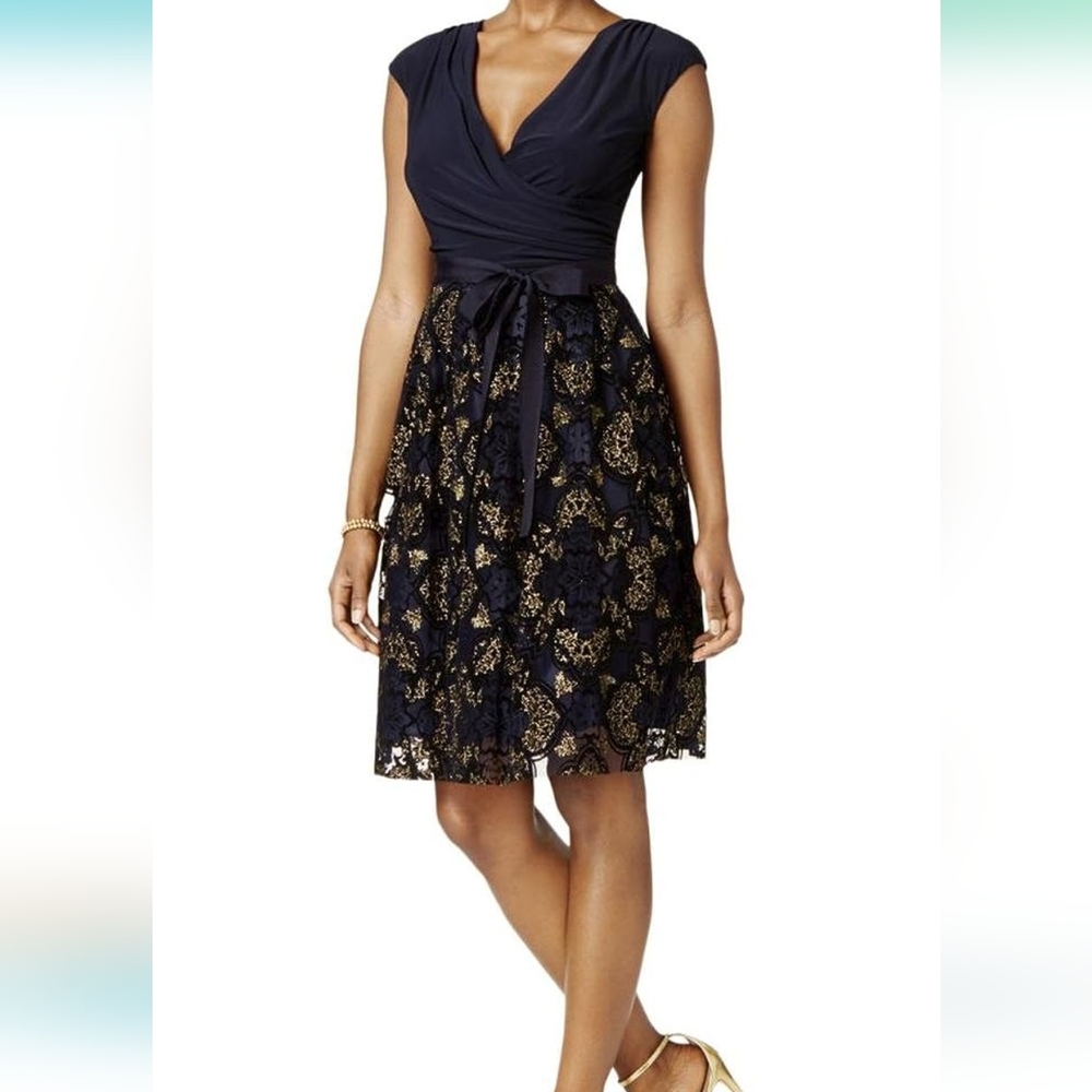 SLNY Navy & Gold Fit & Flare Cocktail Party Dress Size 12